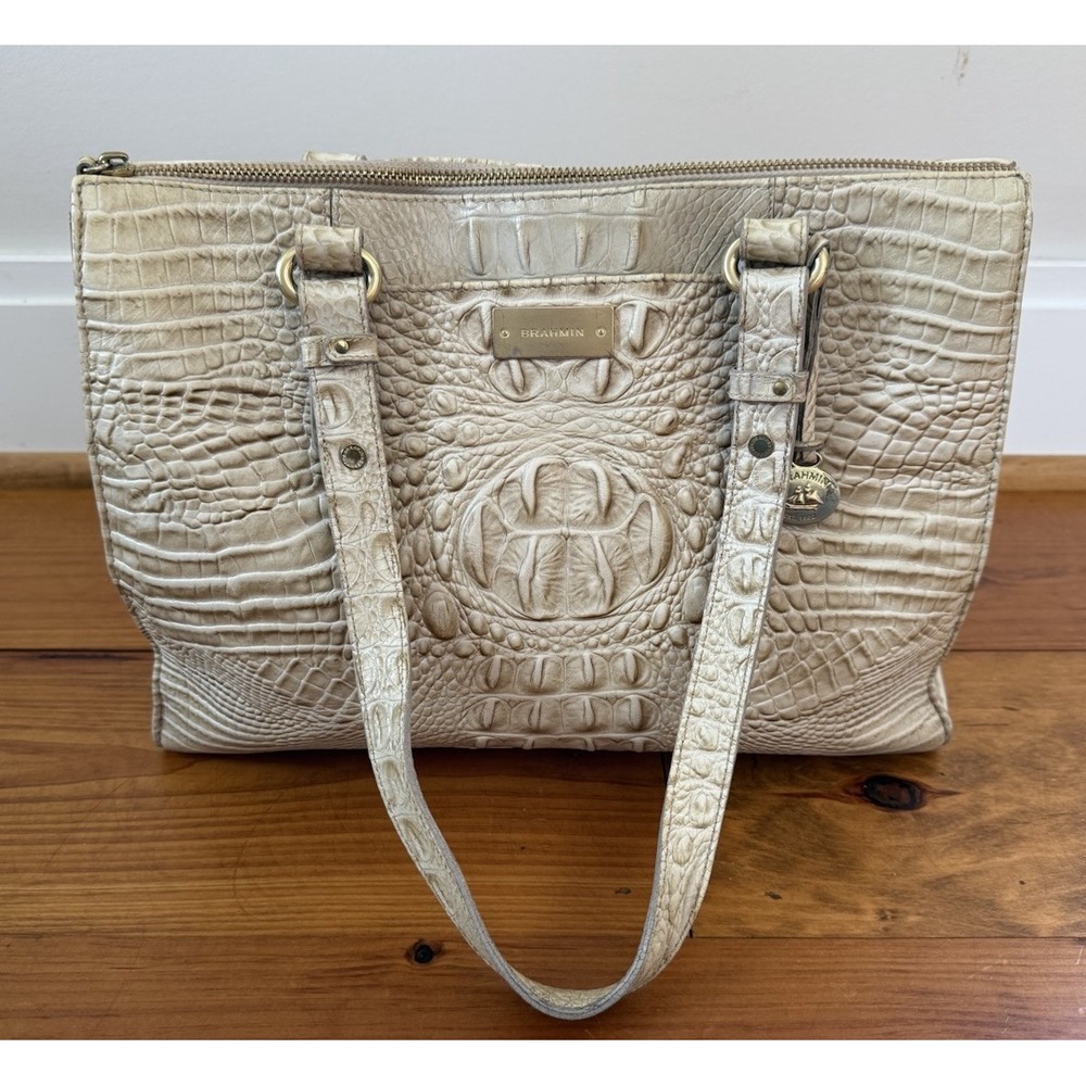 Brahmin Cream/ Beige Medium Asher Croc Embossed Leather Tote Shoulder Bag